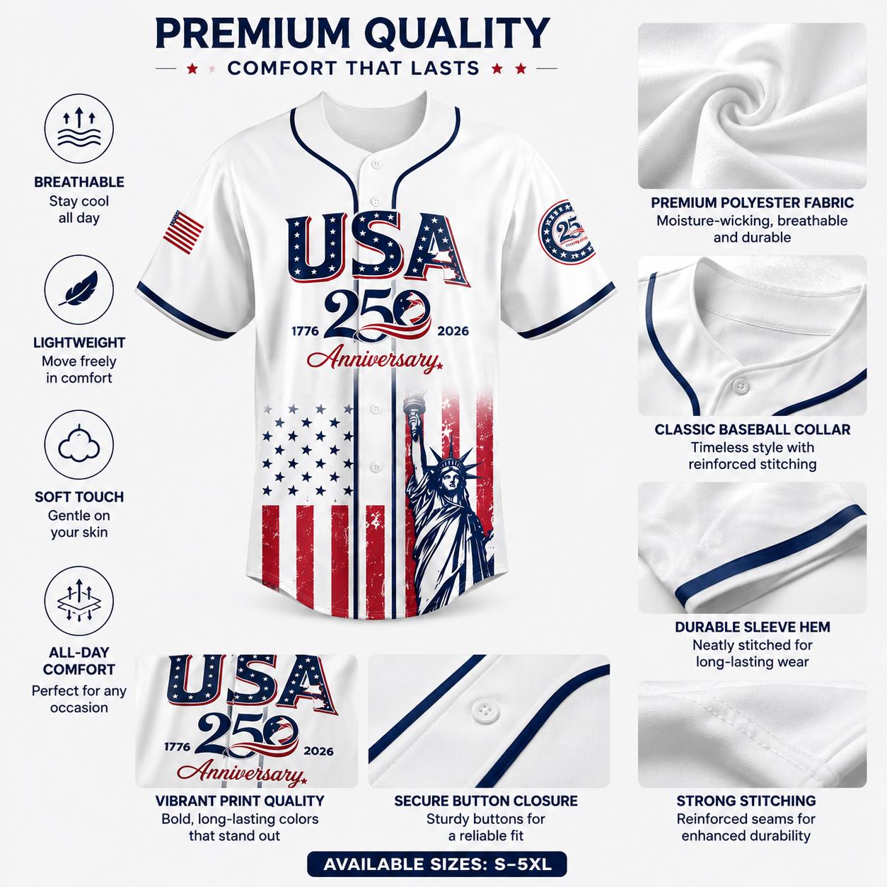 USA 250th Anniversary Baseball Jersey 1776&ndash;2026 Patriotic Independence Day 4th of July Liberty Statue Print Men Women American Flag Sports Tee Vintage Soft Cotton Oversized Relaxed Fit USA Pride Celebration Shirt,summerwins,father'sdaygifts