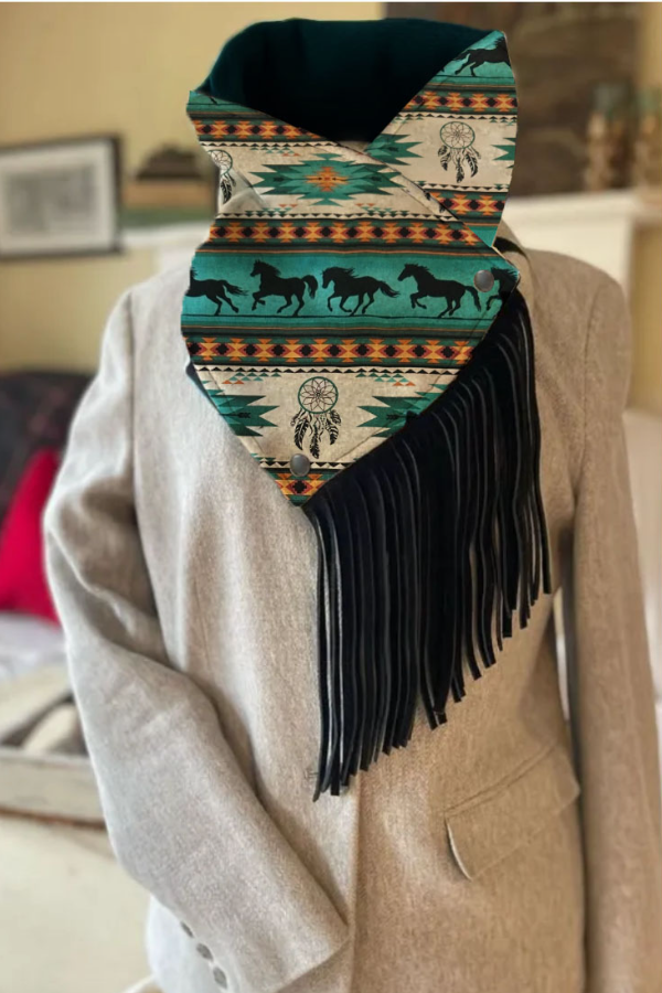 Turquoise with Black Galloping Horse Pattern and Red and Gold Printed Fringed Scarf