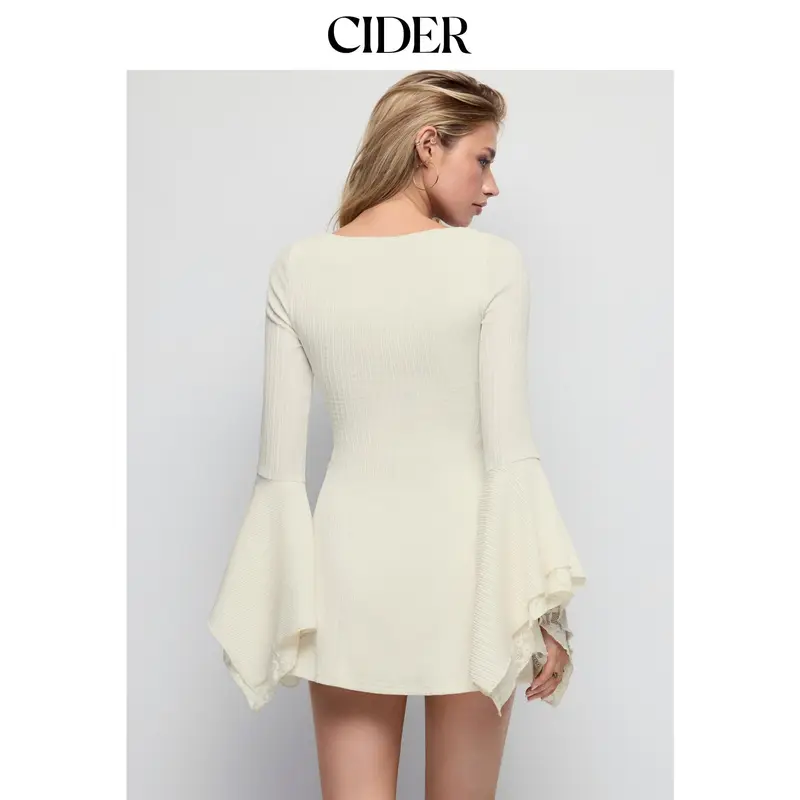Women’s A-line mini dress, crafted from a textured fabric and featuring a boat neckline, flared sleeves, and lace panel detailing.