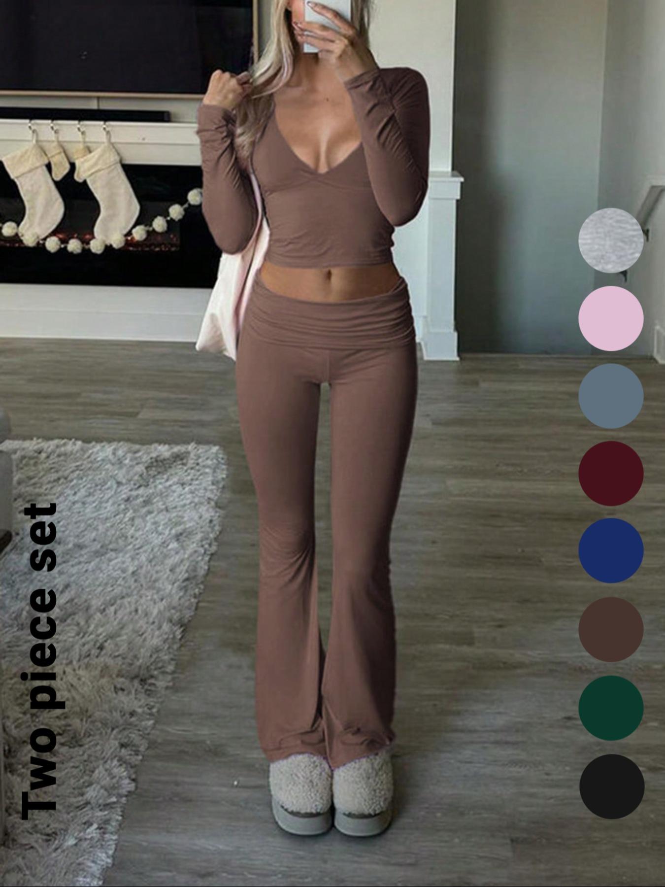 Slim-Fit Crop Top & Pants Two-Piece Set, Chic Solid Color V-Neck Long Sleeve for Fall and Winter, Airport Outfit Womenswear