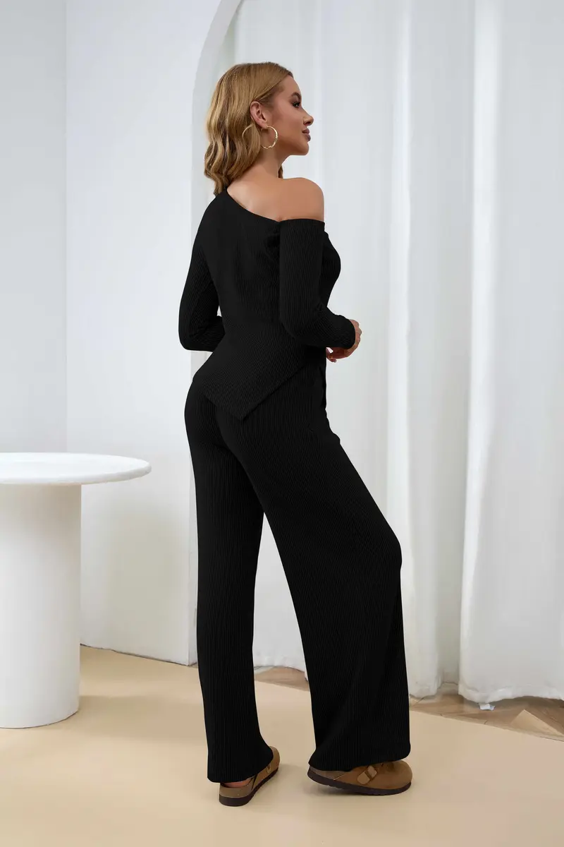 USBoutique Chic Sherpa Set for Women Asymmetric Shoulder Top & High Waist Wide Leg Pants Soft Winter Outfit Beige Color Womenswear Clothes Suits Trouser
