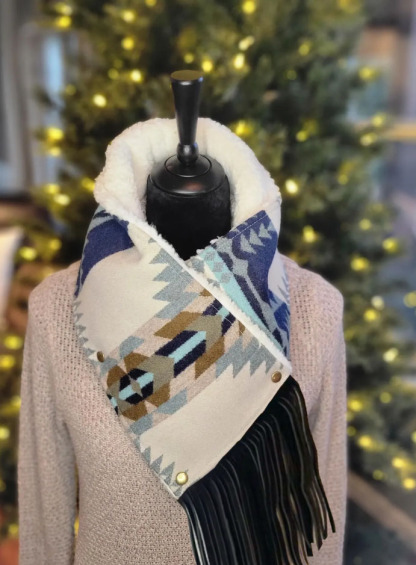 Women's Western Fringed Shawl - Color Block Aztec