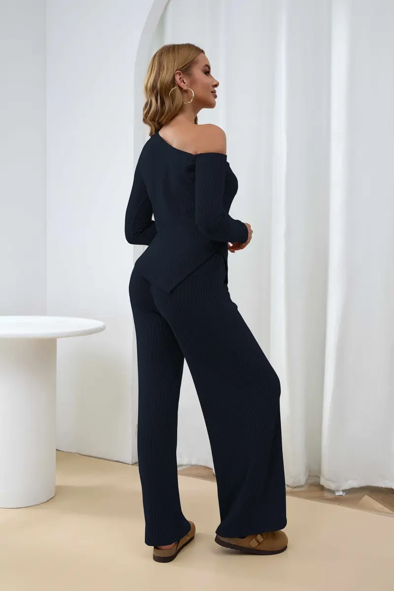 USBoutique Chic Sherpa Set for Women Asymmetric Shoulder Top & High Waist Wide Leg Pants Soft Winter Outfit Beige Color Womenswear Clothes Suits Trouser