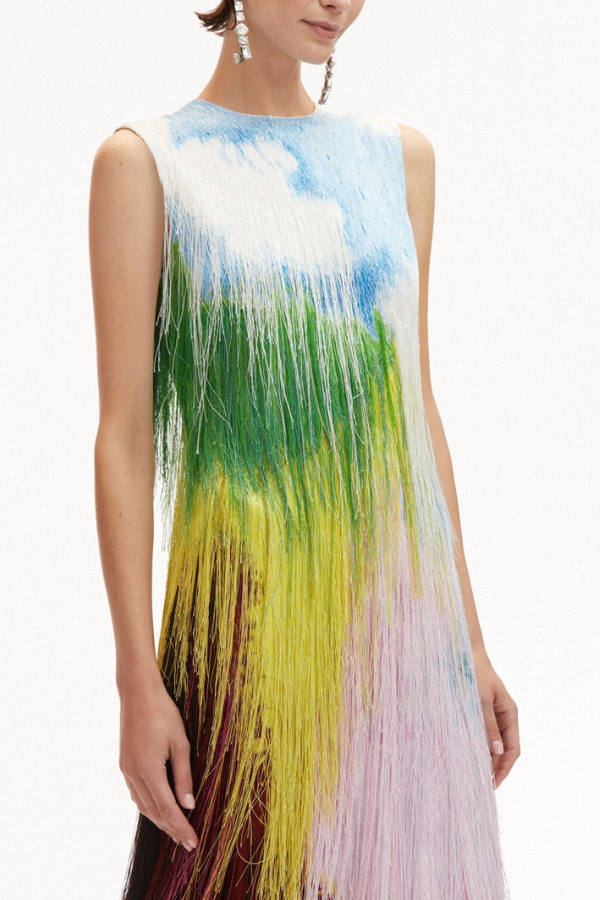 Abstract Watercolor Fringe Cocktail Dress