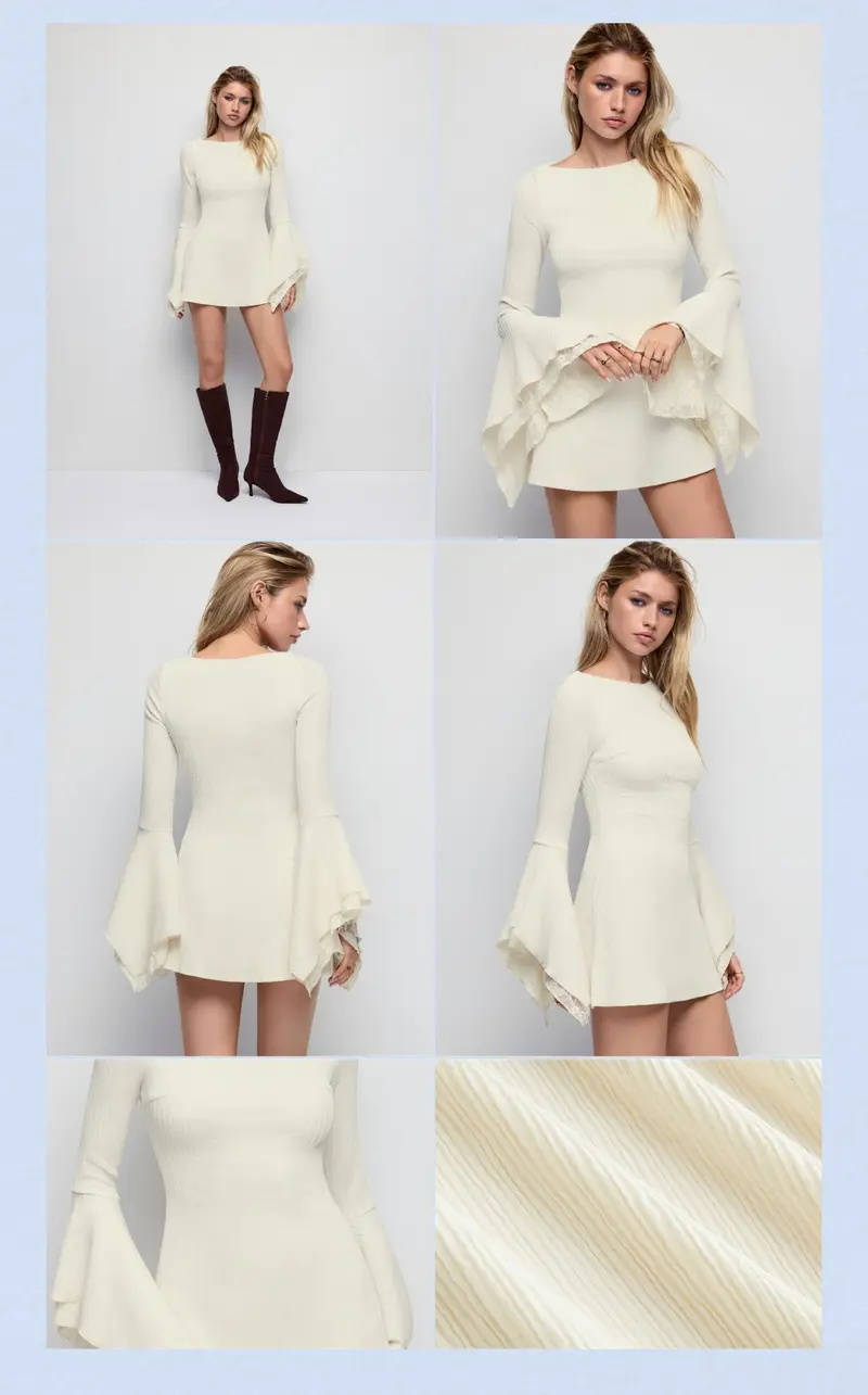 Cider Textured Boat Neck Bell Sleeve Lace Panel A-line Mini Dress
