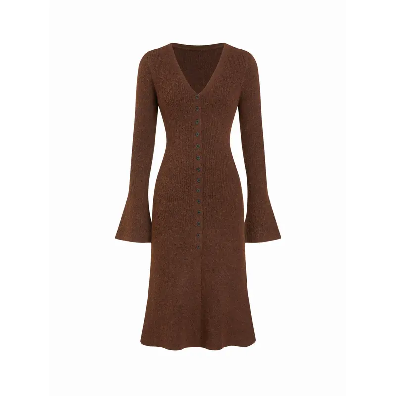Womens Knit V-Neck Button Front Midi Dress in Mocha
