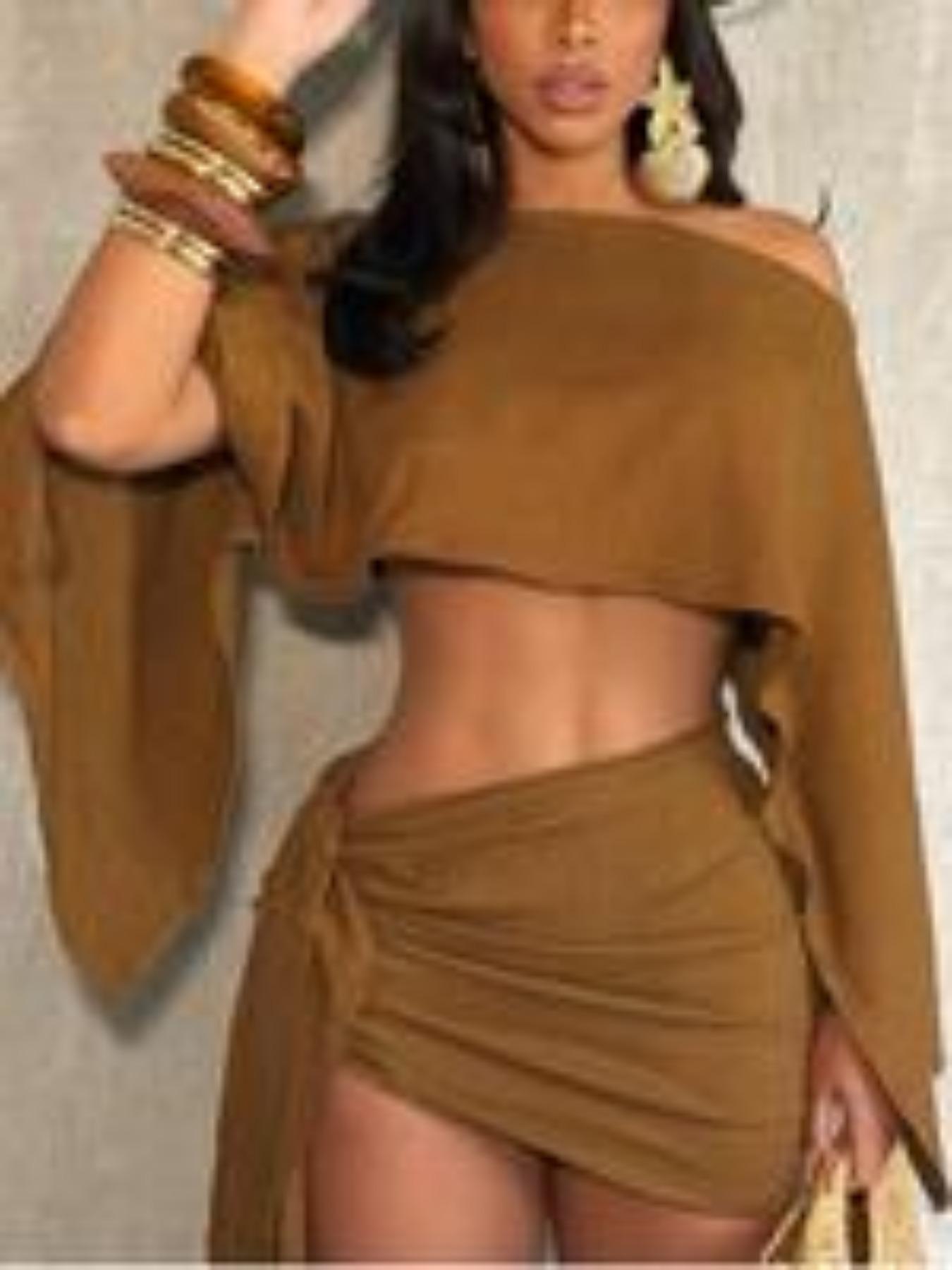 Women's Off-Shoulder Two-Piece Knit Set, Asymmetrical Sleeve Short Top + Side Tie Pleated Skirt, Casual Spring & Fall Fashion