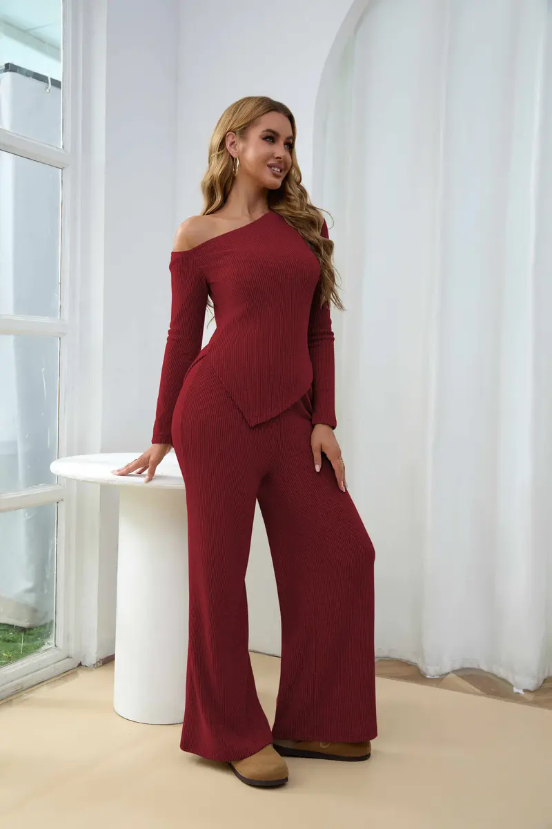 USBoutique Chic Sherpa Set for Women Asymmetric Shoulder Top & High Waist Wide Leg Pants Soft Winter Outfit Beige Color Womenswear Clothes Suits Trouser