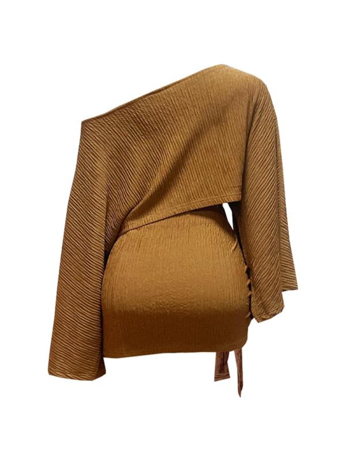 Women's Off-Shoulder Two-Piece Knit Set, Asymmetrical Sleeve Short Top + Side Tie Pleated Skirt, Casual Spring & Fall Fashion
