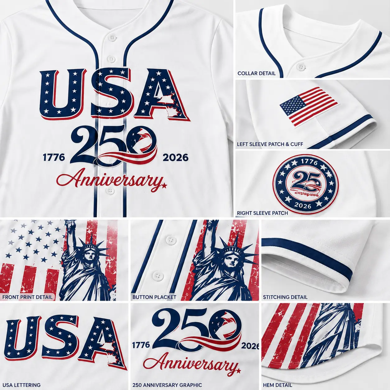 USA 250th Anniversary Baseball Jersey 1776–2026 Patriotic Independence Day 4th of July Liberty Statue Print Men Women American Flag Sports Tee Vintage Soft Cotton Oversized Relaxed Fit USA Pride Celebration Shirt,summerwins,father'sdaygifts