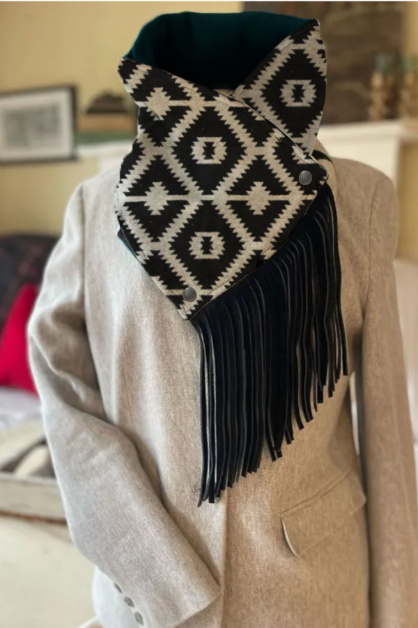 Women's Western Fringed Shawl - Black Aztec Pattern
