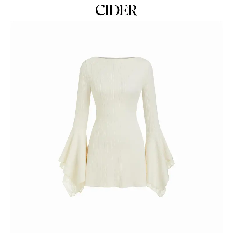 Women’s A-line mini dress, crafted from a textured fabric and featuring a boat neckline, flared sleeves, and lace panel detailing.
