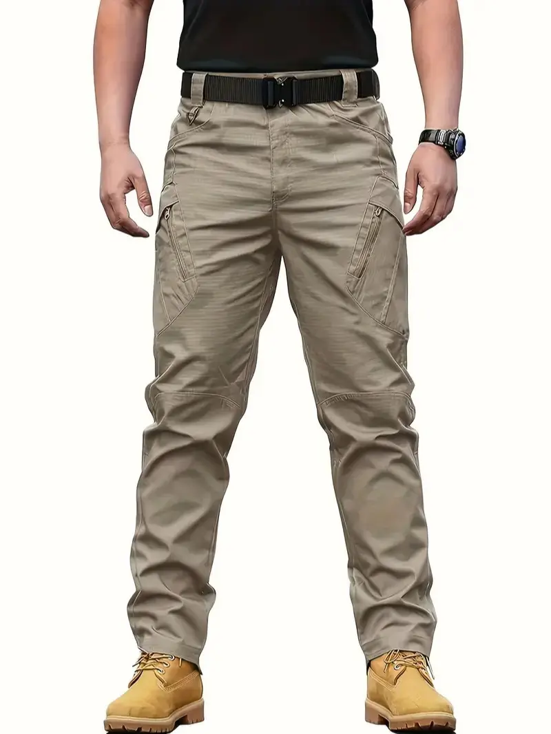 Men's Tactical Cargo Pants - Combat, Multi-Purpose Styles, Mid Waist Pull-On Fit, Multi-Pocket, Durable Breathable Poly Fabric, All Seasons, Stylish Plain Beige, Big-Small Zipper, for Hiking & Construction, Casual Slacks, Outdoor, Menswear