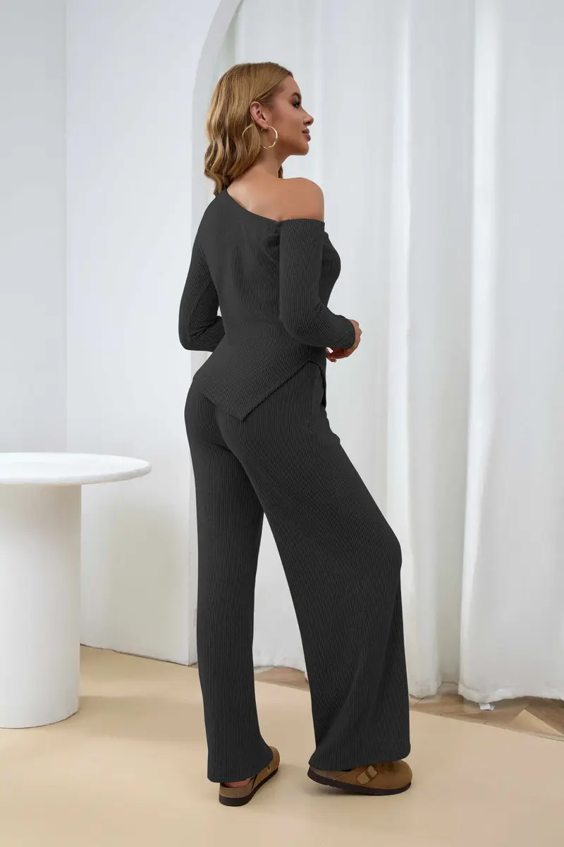 USBoutique Chic Sherpa Set for Women Asymmetric Shoulder Top & High Waist Wide Leg Pants Soft Winter Outfit Beige Color Womenswear Clothes Suits Trouser