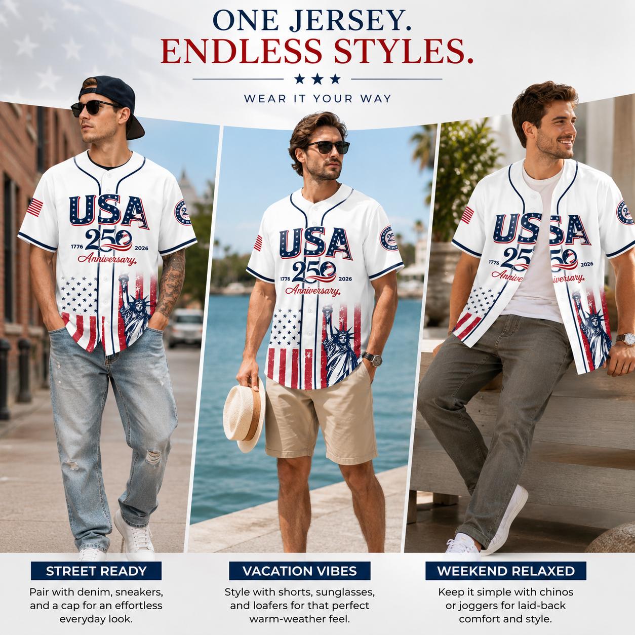 USA 250th Anniversary Baseball Jersey 1776&ndash;2026 Patriotic Independence Day 4th of July Liberty Statue Print Men Women American Flag Sports Tee Vintage Soft Cotton Oversized Relaxed Fit USA Pride Celebration Shirt,summerwins,father'sdaygifts
