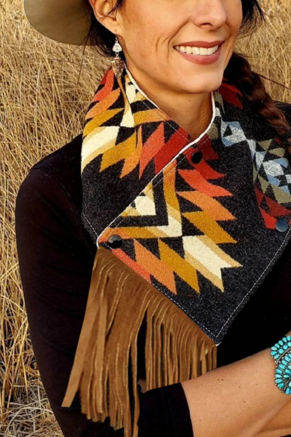 Western Fringed Scarf - Aztec Pattern