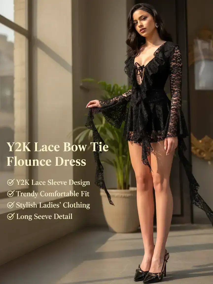 Women's Lace Bow Tie Flounce Sleeve Dress