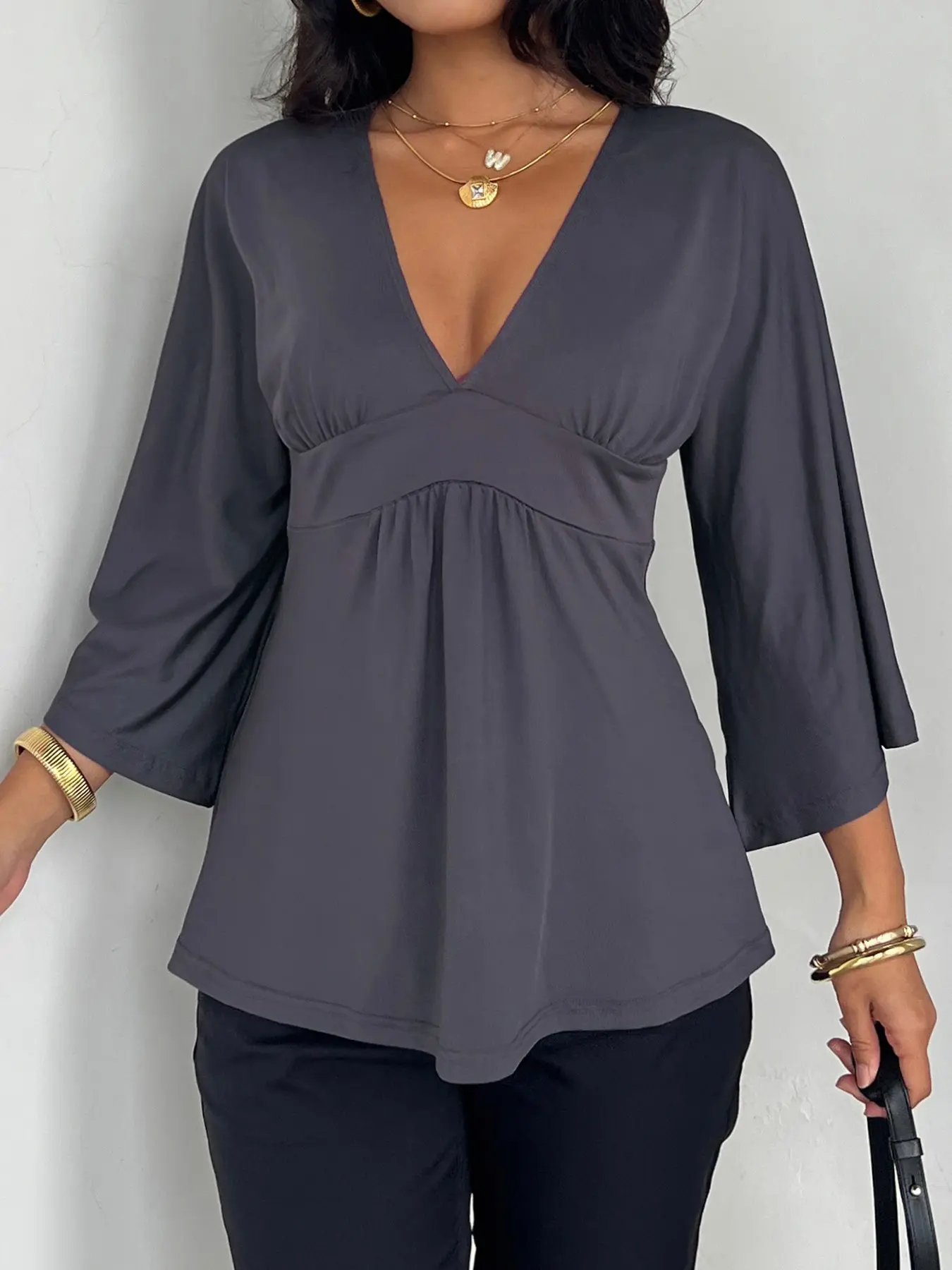 Women's V Neck Patchwork Ruched Batwing Sleeve a Line Loose Fit Fall Winter Y2K Casual Basic Tee, Comfortable Long Sleeve Top Blouses Shirts Tops, Casual Daily Tops