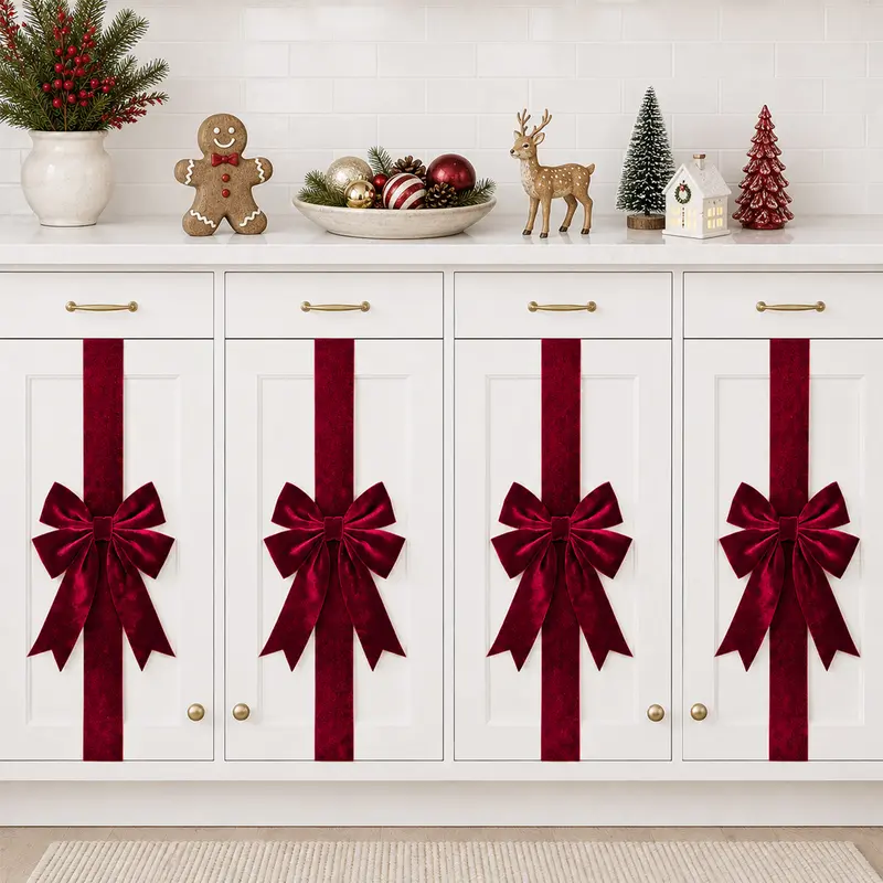 4-Piece Velvet Christmas Cabinet Bows – Ribbon Decorations for Doors