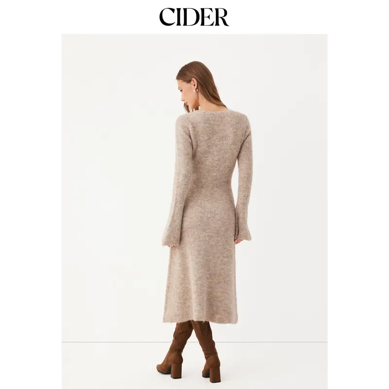 Womens Knit V-Neck Button Front Midi Dress in Mocha