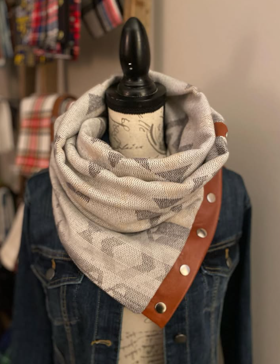 White and grey Aztec leather patchwork scarf