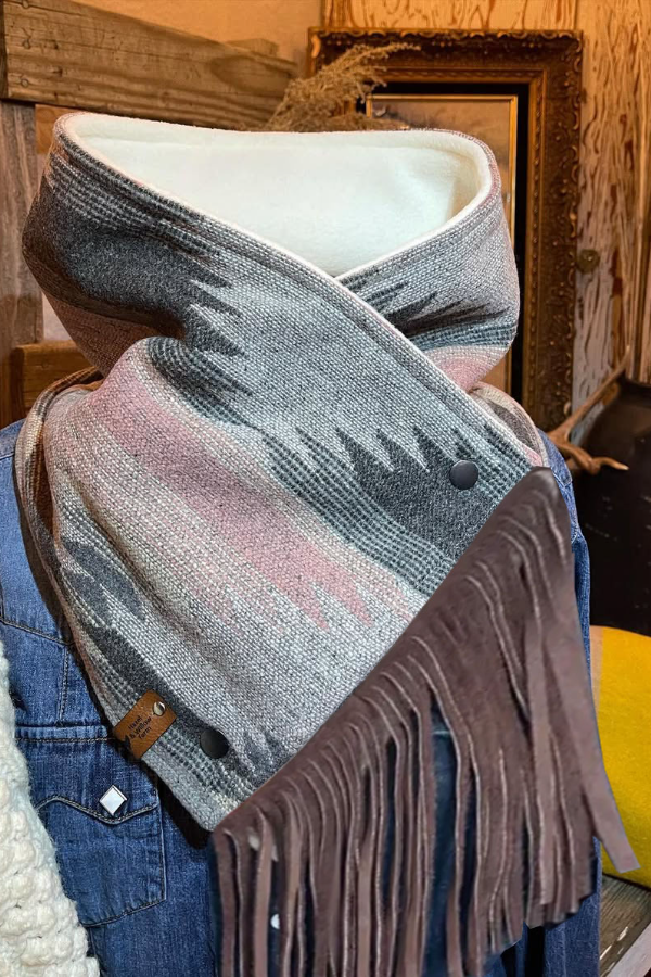 Western Fringed Scarf - Pink/Grey Aztec Pattern