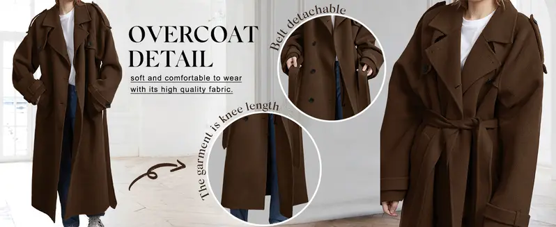 Chouyatou Women's Winter Wool-Blend Mid-Length Coat, Tops Style with Notched Lapel, Double-Breasted Long Sleeves, Belt-Strap Closure, Premium Matching Fabrics, Jackets,back to school,back to school shopping, Polyester