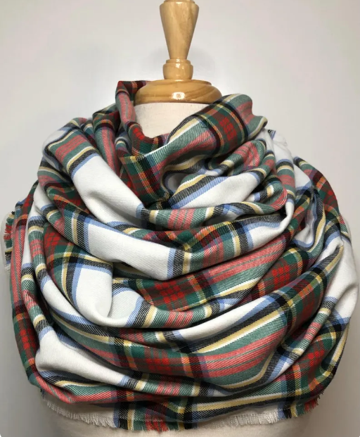 White Tartan Plaid Infinity Scarf – Cozy Fall Winter Loop Scarf