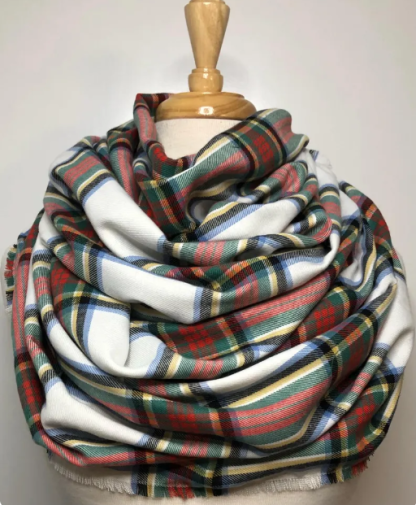 White Tartan Plaid Infinity Scarf – Cozy Fall Winter Loop Scarf