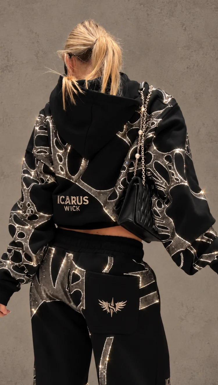 2026 Trending Black Rhinestone Cropped Hoodie