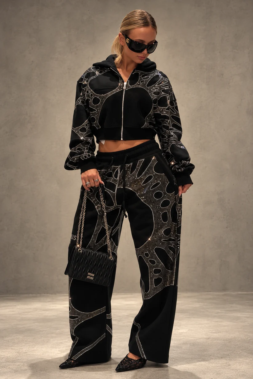 2026 Trending Black Rhinestone Cropped Hoodie