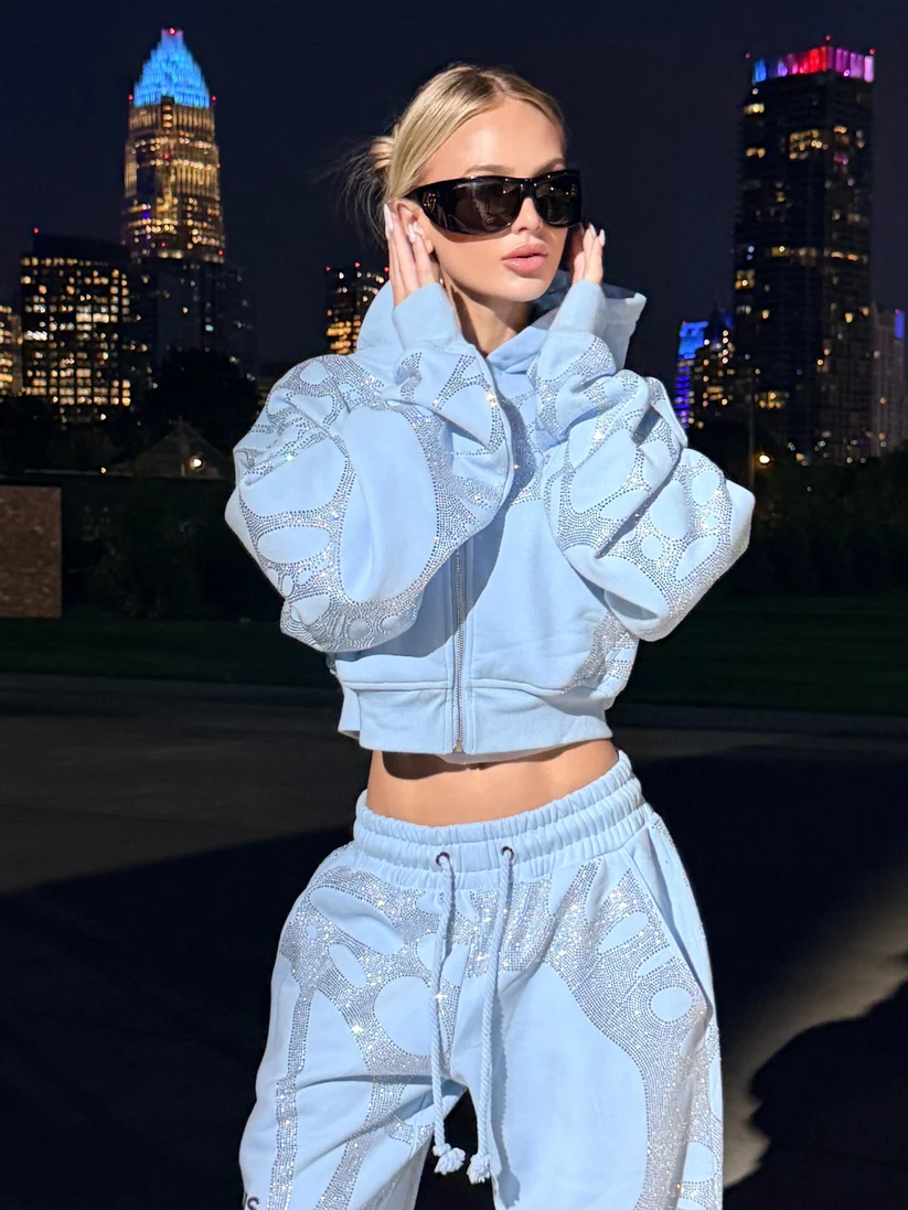 2026 Trending Black Rhinestone Cropped Hoodie