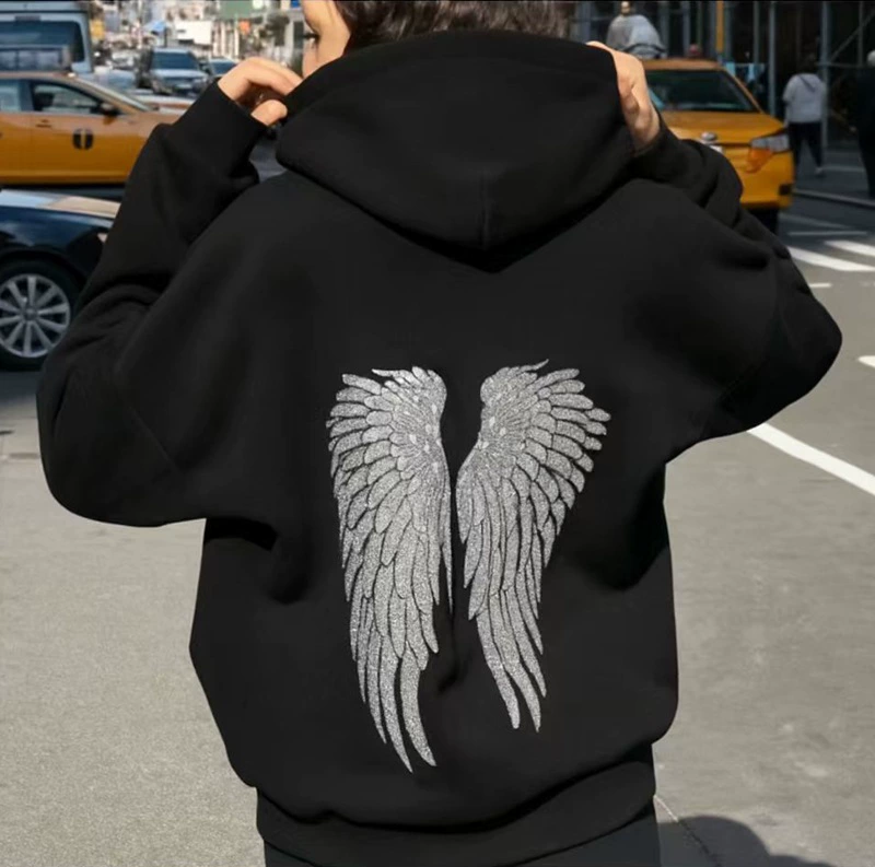 Women's Grey Sequined Angel Wings Cropped Hoodie and Sweatpants Set - Stylish and Casual