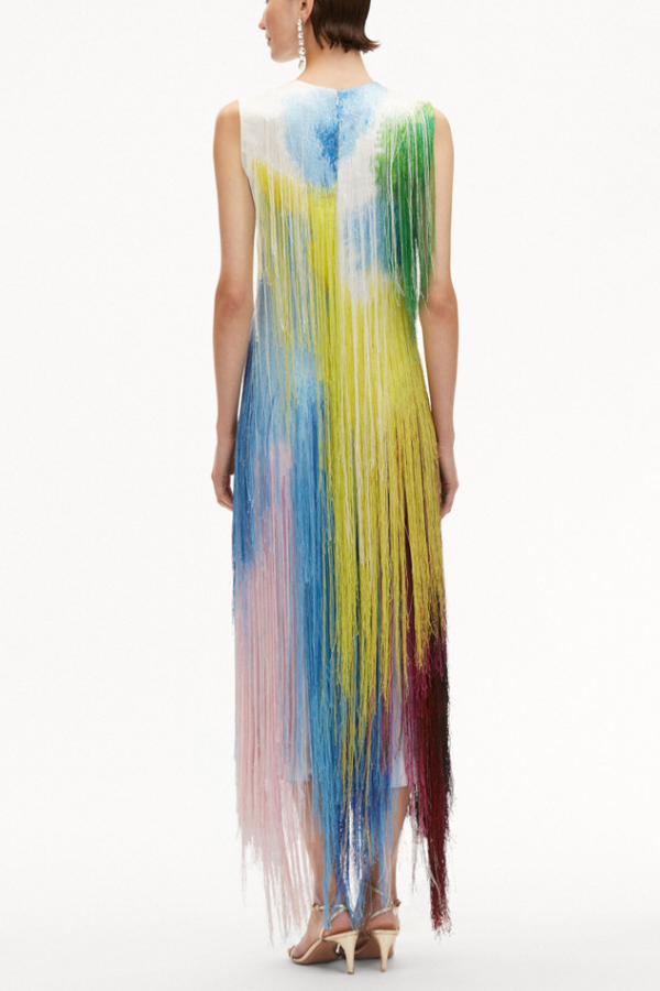 Abstract Watercolor Fringe Cocktail Dress