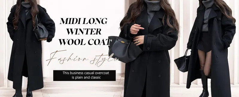 Chouyatou Women's Winter Wool-Blend Mid-Length Coat, Tops Style with Notched Lapel, Double-Breasted Long Sleeves, Belt-Strap Closure, Premium Matching Fabrics, Jackets,back to school,back to school shopping, Polyester