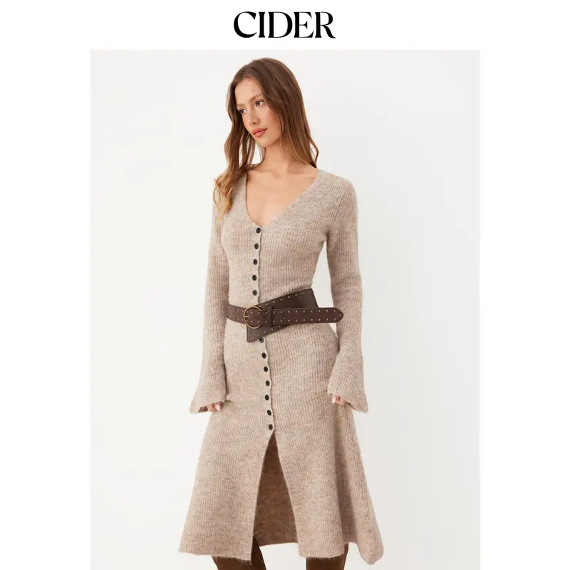 Womens Knit V-Neck Button Front Midi Dress in Mocha