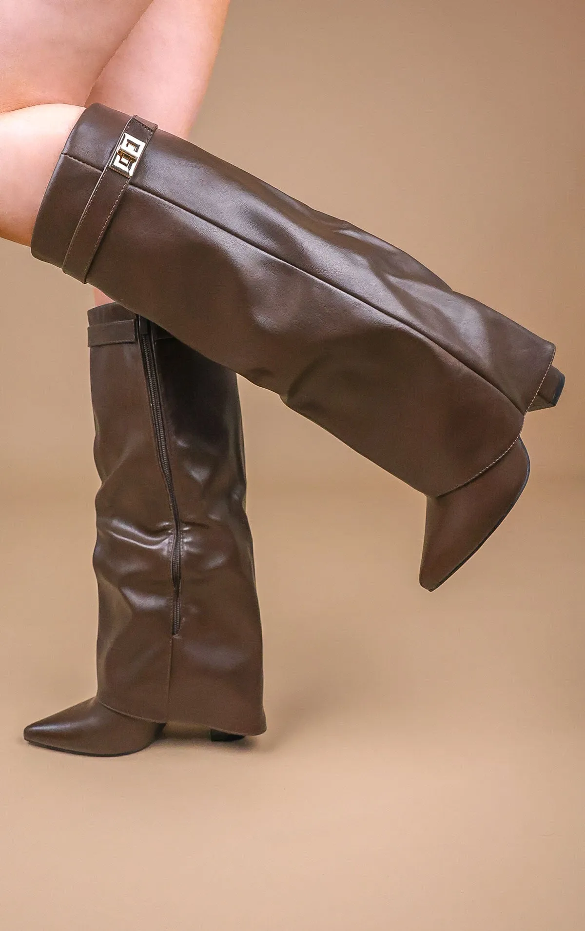 Taupe Faux Suede Slouchy Fold Over Shark Boots