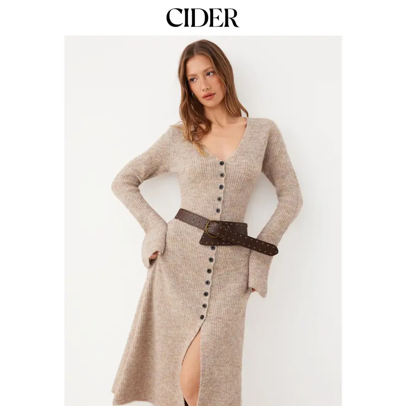 Womens Knit V-Neck Button Front Midi Dress in Mocha