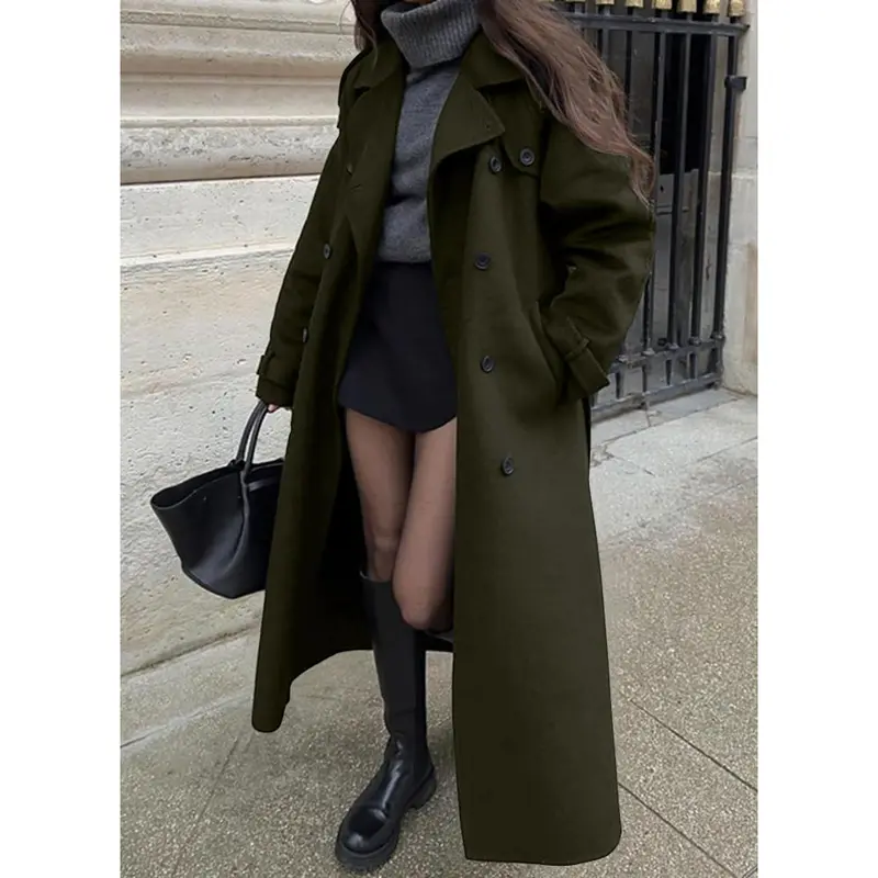 Chouyatou Women's Winter Wool-Blend Coat, Notched Lapel, Double-Breasted, Long Sleeve