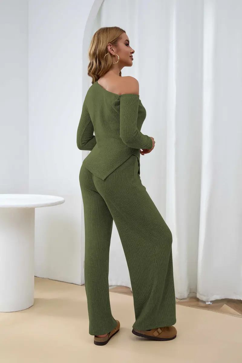 USBoutique Chic Sherpa Set for Women Asymmetric Shoulder Top & High Waist Wide Leg Pants Soft Winter Outfit Beige Color Womenswear Clothes Suits Trouser