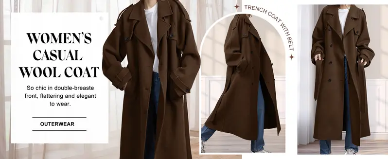 Chouyatou Women's Winter Wool-Blend Mid-Length Coat, Tops Style with Notched Lapel, Double-Breasted Long Sleeves, Belt-Strap Closure, Premium Matching Fabrics, Jackets,back to school,back to school shopping, Polyester