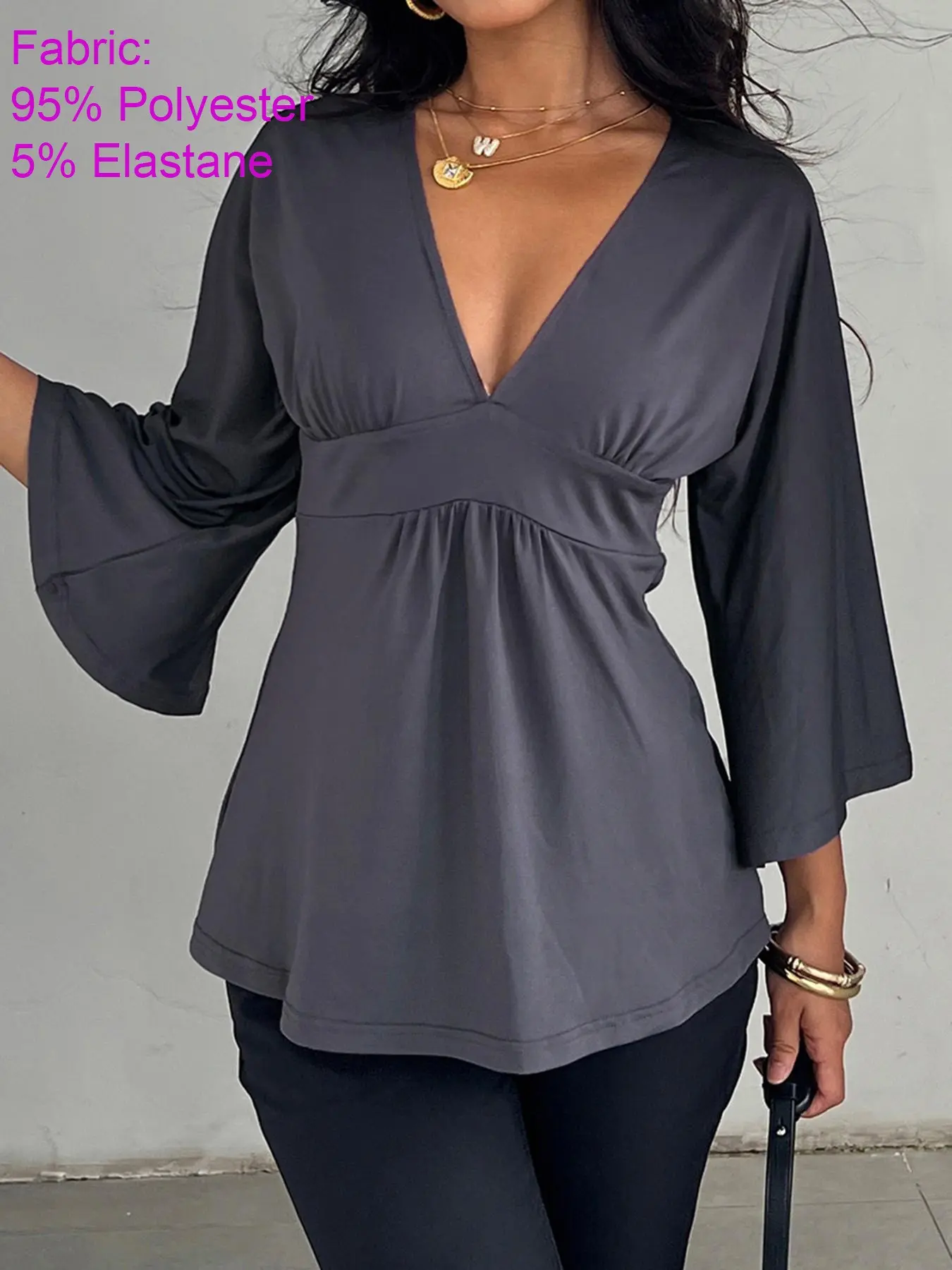 Women's V Neck Patchwork Ruched Batwing Sleeve a Line Loose Fit Fall Winter Y2K Casual Basic Tee, Comfortable Long Sleeve Top Blouses Shirts Tops, Casual Daily Tops