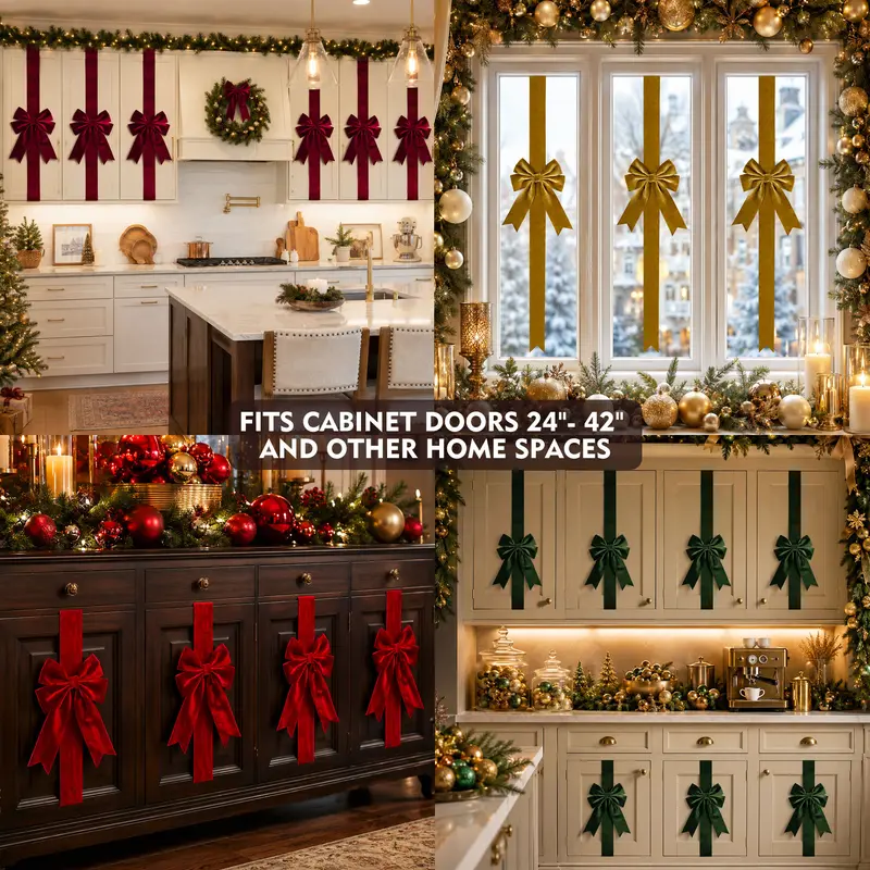 4-Piece Velvet Christmas Cabinet Bows – Ribbon Decorations for Doors