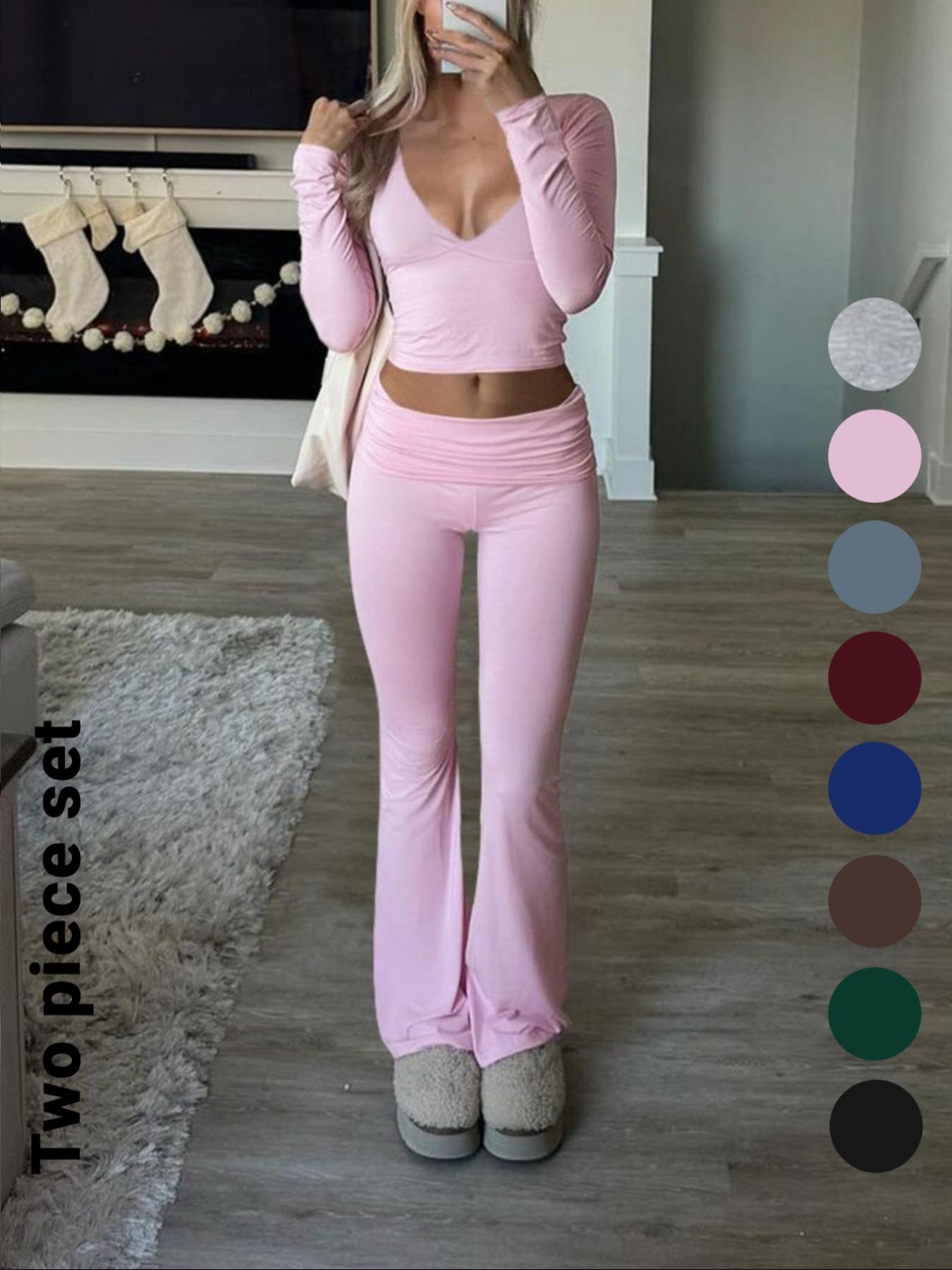 Slim-Fit Crop Top & Pants Two-Piece Set, Chic Solid Color V-Neck Long Sleeve for Fall and Winter, Airport Outfit Womenswear