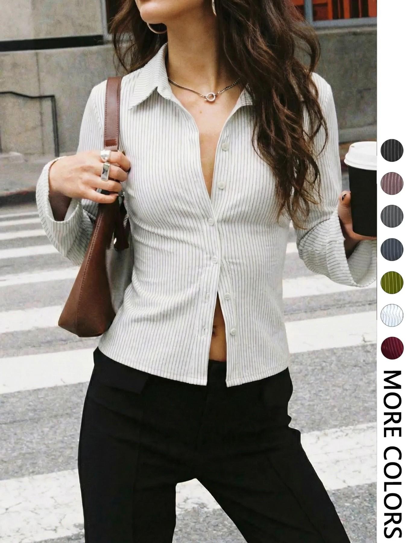 Women's V-Neck Button Front Blouse, Long Sleeve Slim-Fit Casual Shirt, Striped Pattern, Spring & Fall Fashion, Daily Wear