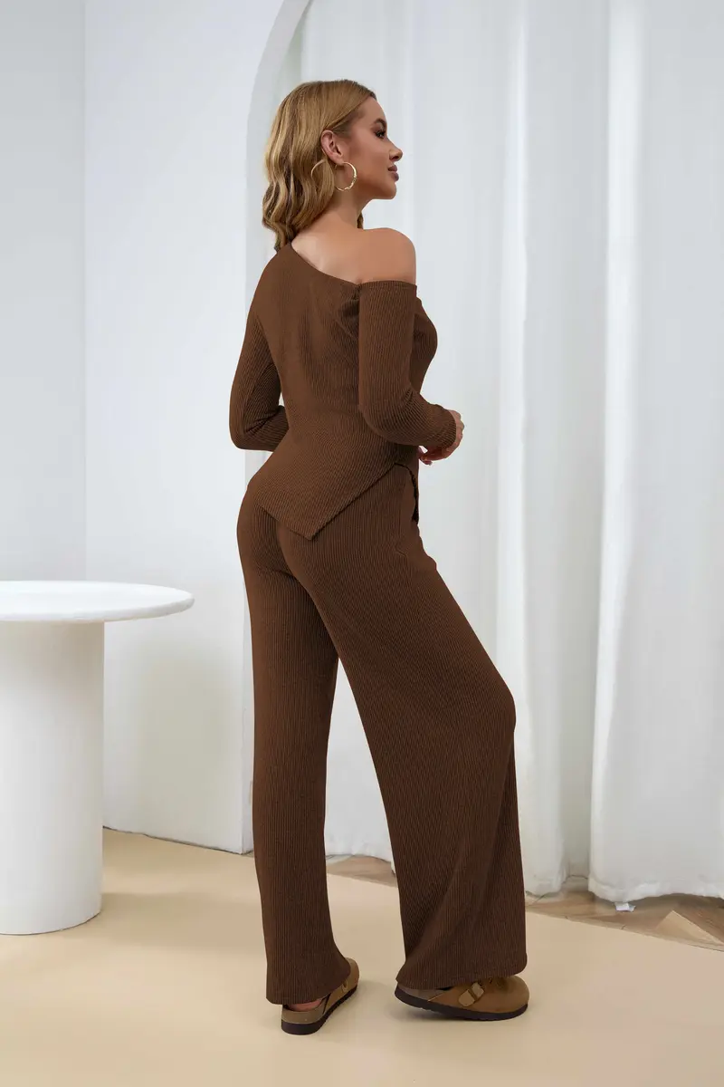 USBoutique Chic Sherpa Set for Women Asymmetric Shoulder Top & High Waist Wide Leg Pants Soft Winter Outfit Beige Color Womenswear Clothes Suits Trouser