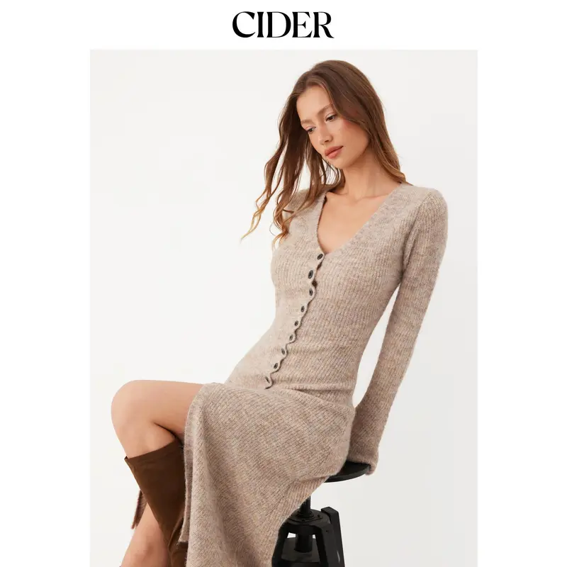 Womens Knit V-Neck Button Front Midi Dress in Mocha