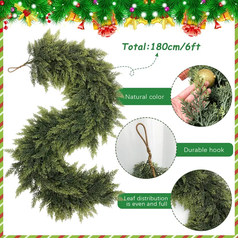 Artificial Cedar Garland — Crafted with "real-touch" technology; perfect for home decor, Christmas displays, and festive decorations for living rooms or outdoor spaces—a must-have for your Christmas wish list.