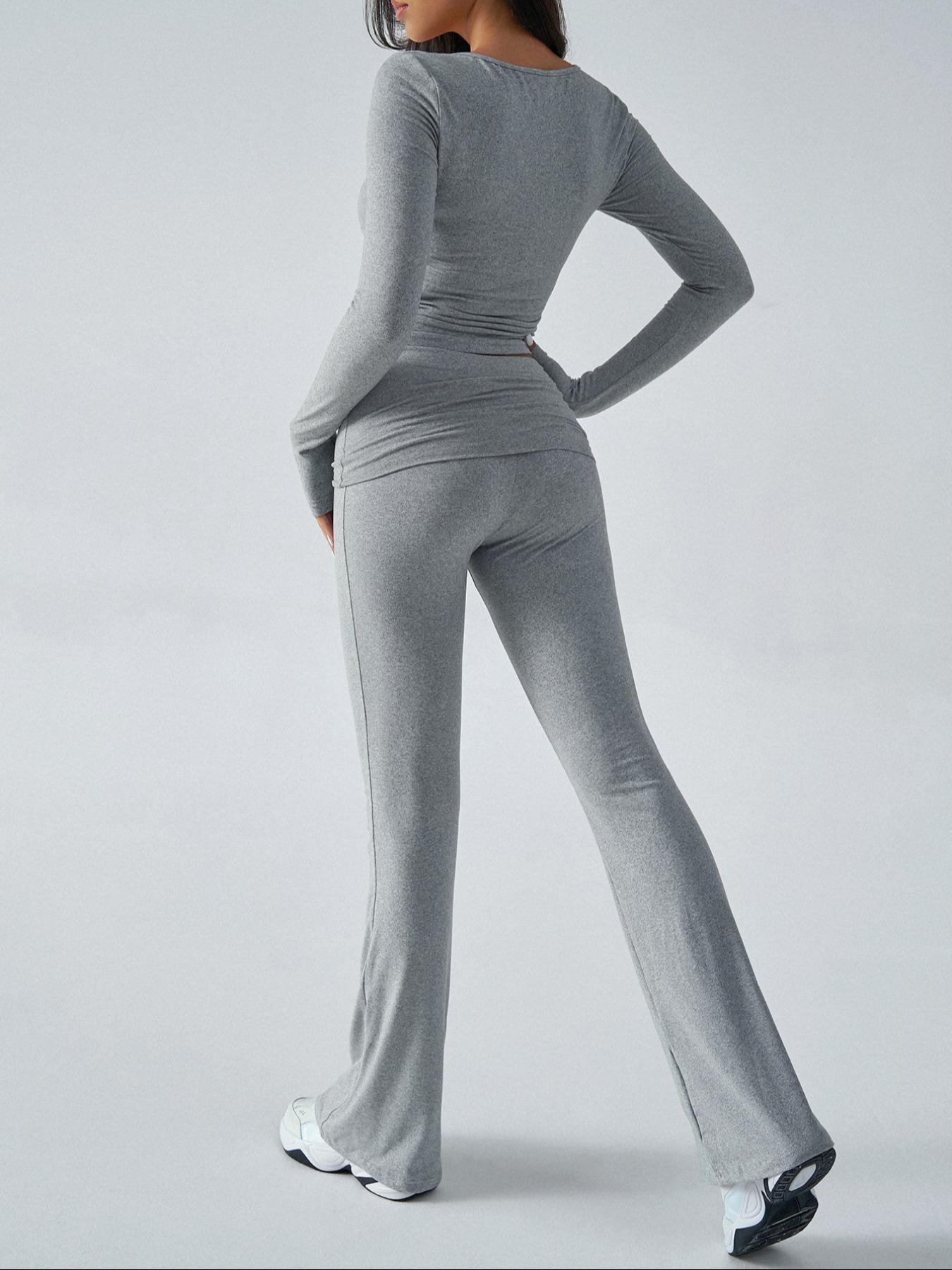 Slim-Fit Crop Top & Pants Two-Piece Set, Chic Solid Color V-Neck Long Sleeve for Fall and Winter, Airport Outfit Womenswear