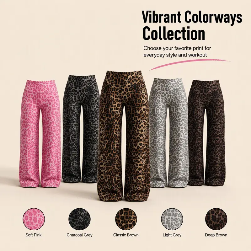 Women’s minimalist lightweight leopard-print mid-rise wide-leg pants — elastic waistband, fluid drape, straight cut, 9/10 length, suitable for outdoor settings, available in multiple colors, including solid and printed options, ideal for casual wear.,soho